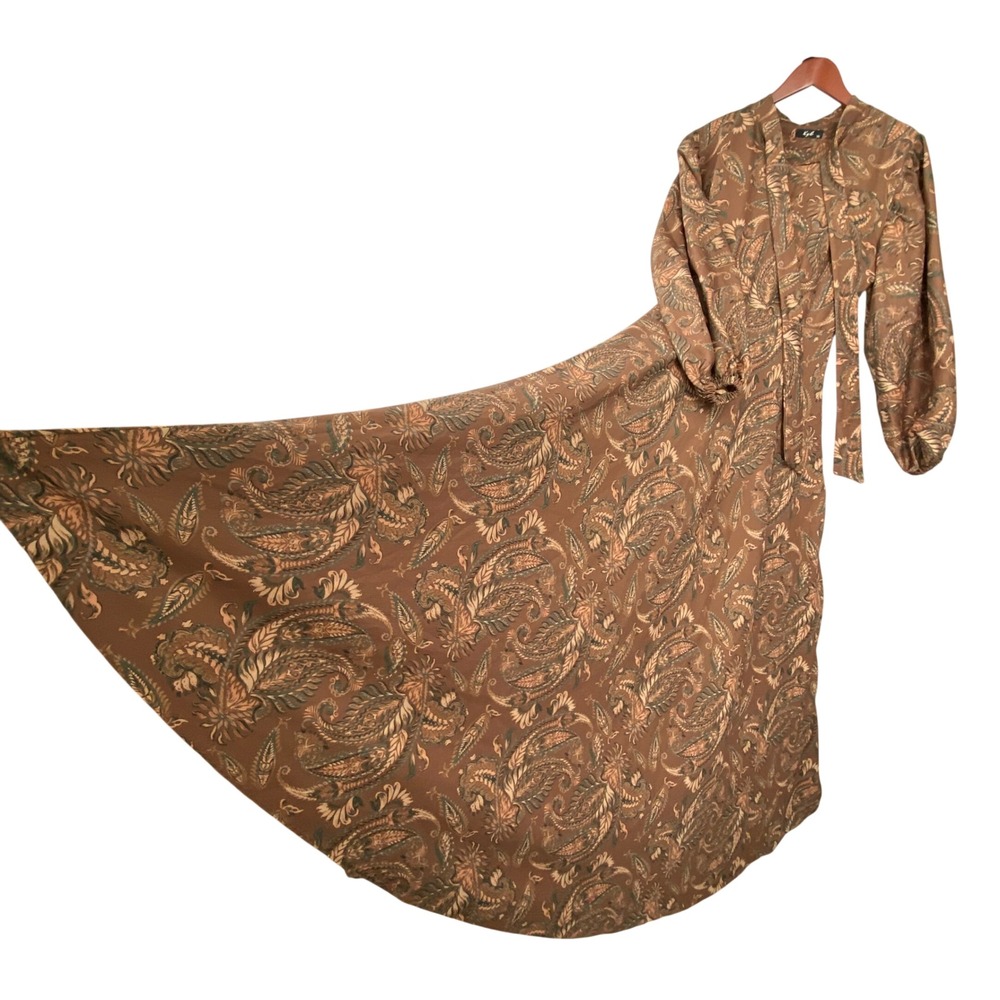 Kyb Maxi Dress Womens 38 Brown Paisley Pussybow Tie Bishop Sleeve Cottagecore